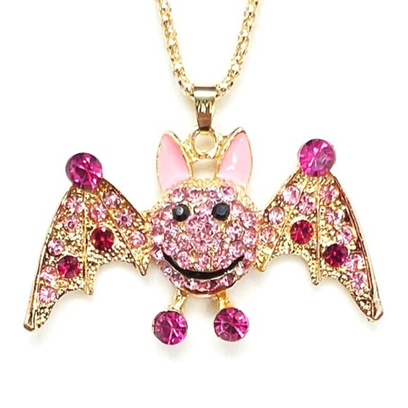 Purple & Pink BAT with Open Wings Halloween Pendant Necklace - Picture 1 of 1